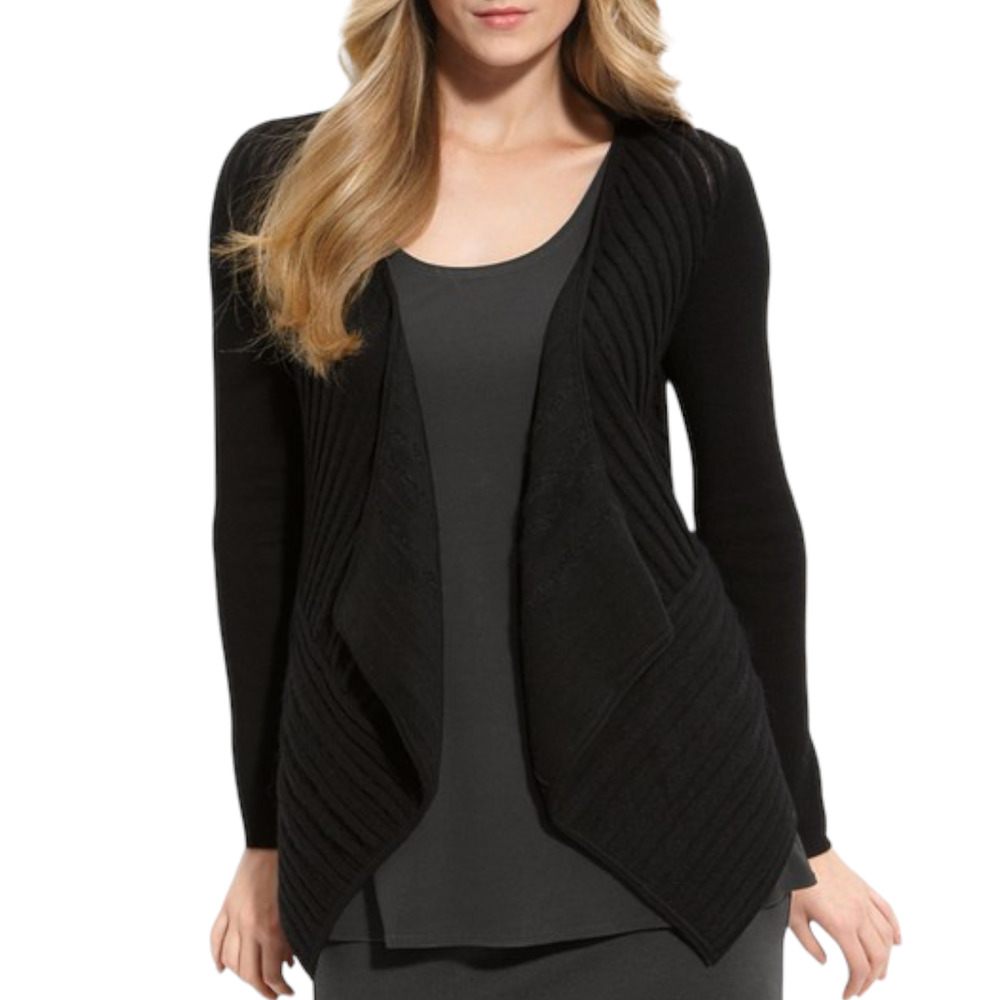 Eileen Fisher Felt Ladder Open Front Cardigan Textured Wool Blend Black Small